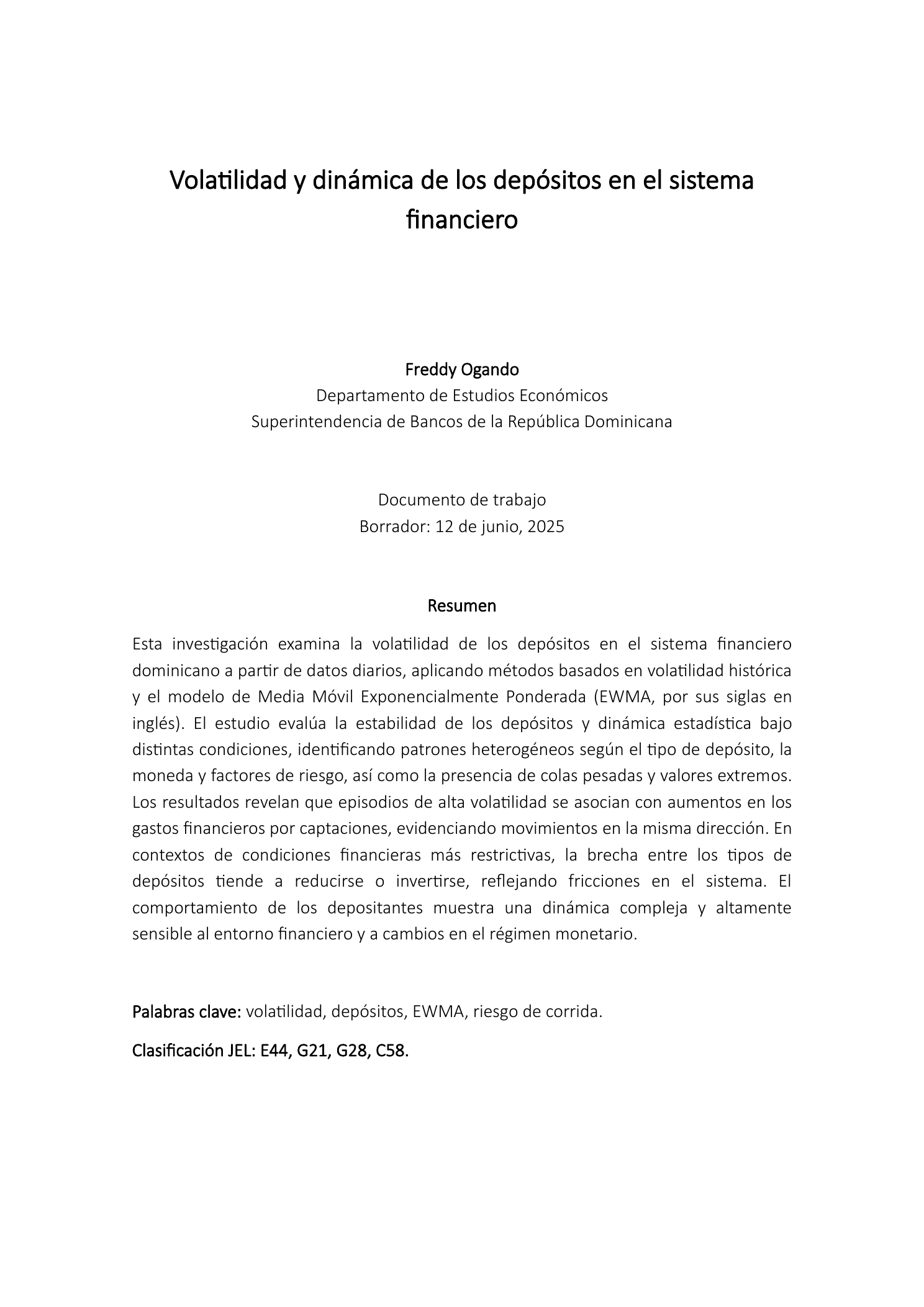 Cover page of Volatility and Dynamics of Deposits in the Financial System